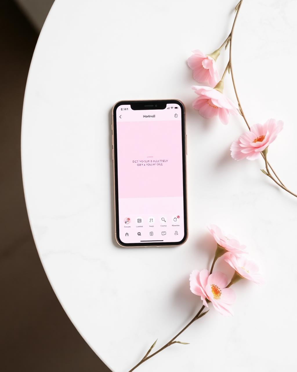 Smartphone exibindo post de rede social em tons de rosa sobre mesa branca